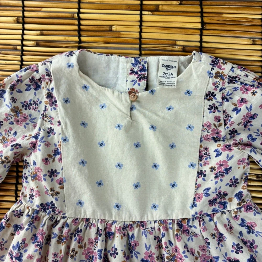 OshKosh Bgosh Girls 2T Floral Tiered Long Sleeve Cotton Dress Purple Cream